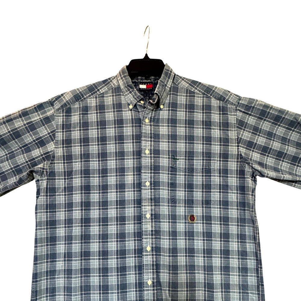 Tommy Hilfiger Y2K Plaid Button Shirt Men's Size Lg. Blue Classic Fit Casual‎